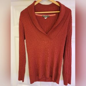 Eddie Bauer Red Cable-Knit Sweater with Cowl V-neck Size Medium